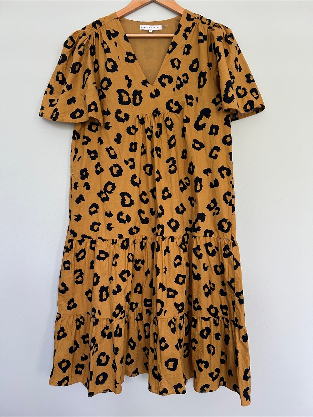 English Factory Mustard Leopard Print V-Neck Tiered Dress